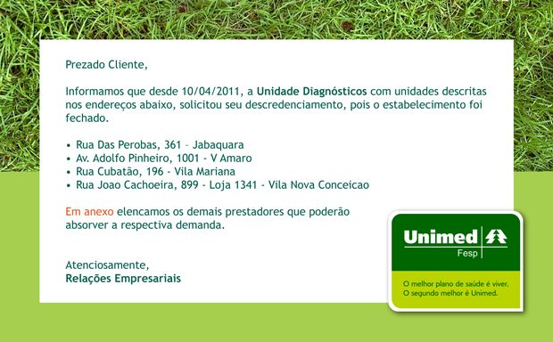 Unimed:Descredenciamento Unidade Diagnósticos